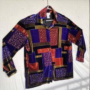 Vintage Susan Graver hickory velour velvet abstract art patch button up shirt